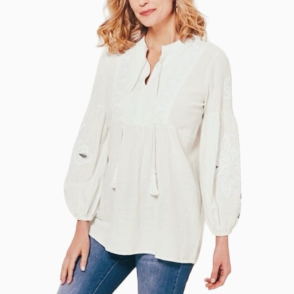 Soft Surroundings Marissa White Puff Sleeve Beaded Embroidered Blouse sz L